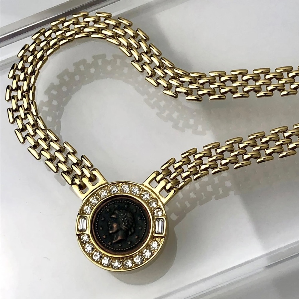 COIN Gold Plated Panther Link Chain Necklace With Crystals VTG